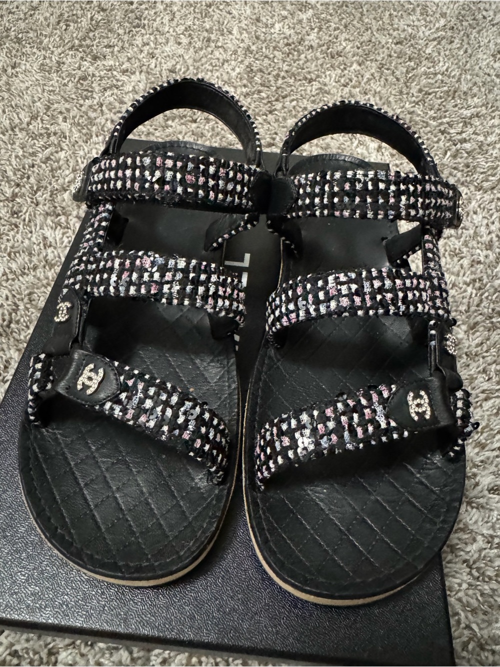 CHANEL Black Tweed Platform Sport Sandals with Logo Accents - Picture 2 of 4